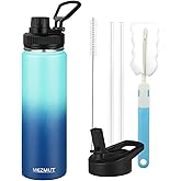 MEZMUT Insulated 24oz Stainless Steel Water Bottle with Straw & 2 Lids - Sports Metal Cup - Double Walled Vacuum Insulated Bottle - Leak-Proof Travel (Gradient Blue)