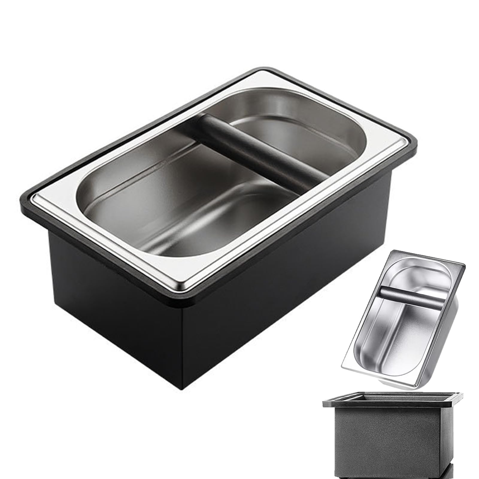 Gocoffun Espresso Coffee Knock Box, Large Size Stainless Steel Coffee Pucks Container, with Noise Reduction Rubber Ring,Silicone Bar for Knocking Portafilter Filter Grinds