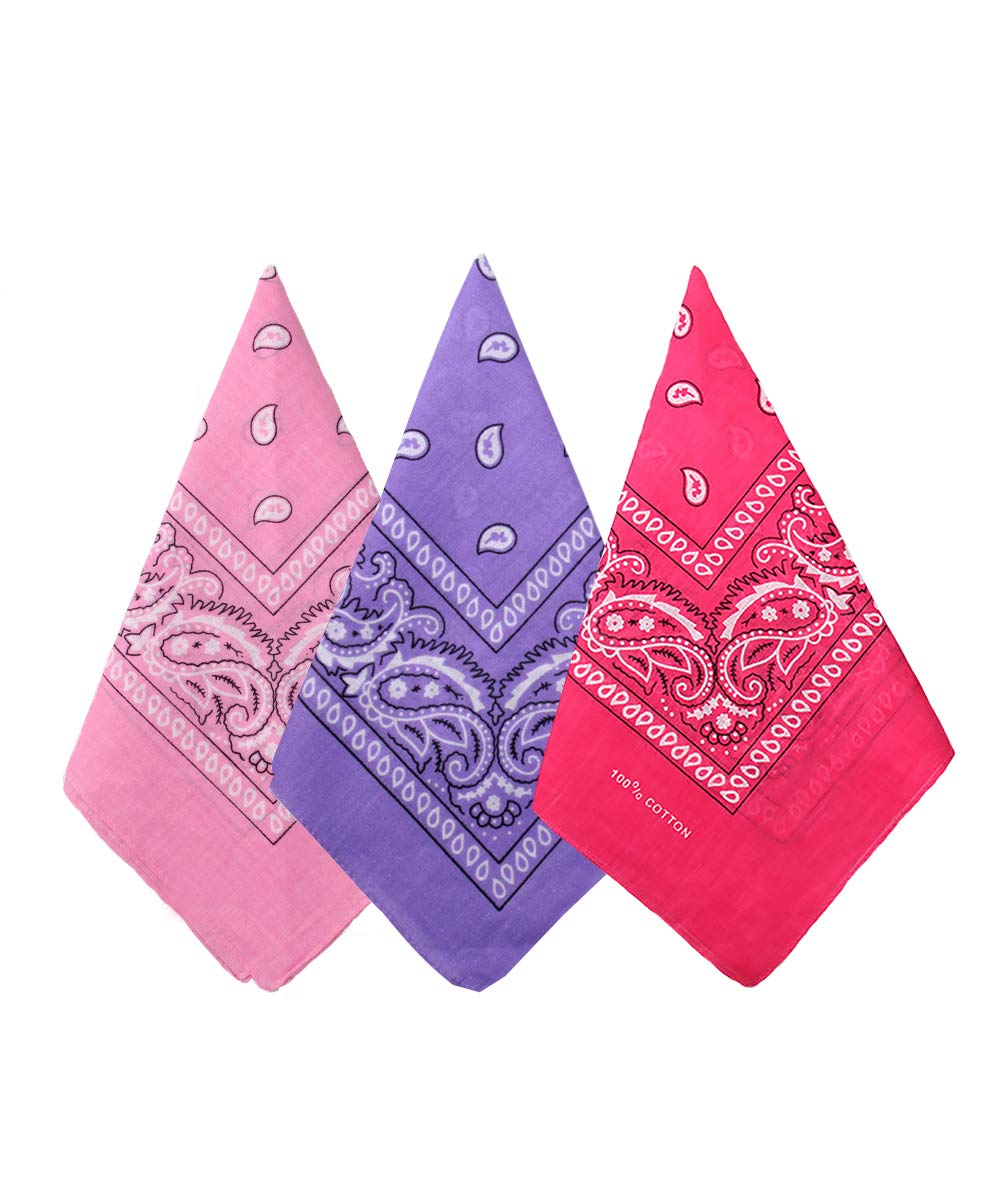 Bycc Bynn 3 Pack 100% Cotton Paisley Pattern Bandanas (Pink + Bright Purple +Rose Red)