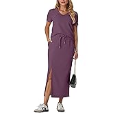GRECERELLE Women Summer Casual 2 Piece Sets V-Neck Wrinkle-Free Top & Elastic Waist Midi Side Slit Skirt with Pockets