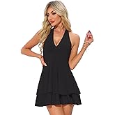 Allegra K Halter Dress for Women's Party Skater Ruffle Backless Slim Fit Short Mini Dresses