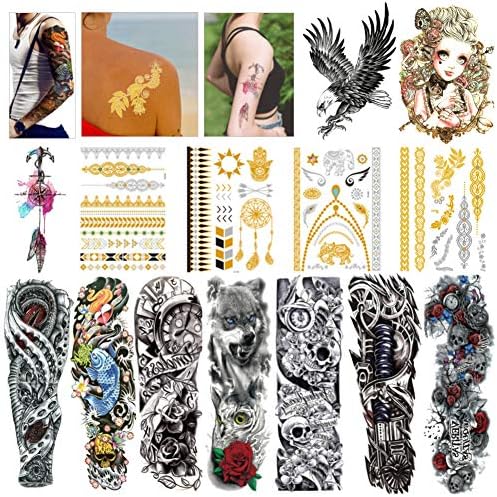 LoveInUSA 14 pcs Temporary Tattoo,7pcs Full Arm Temporary Tattoo 7pcs Extra Temporary Tattoo Flash Fake Waterproof Body Tattoos Stickers
