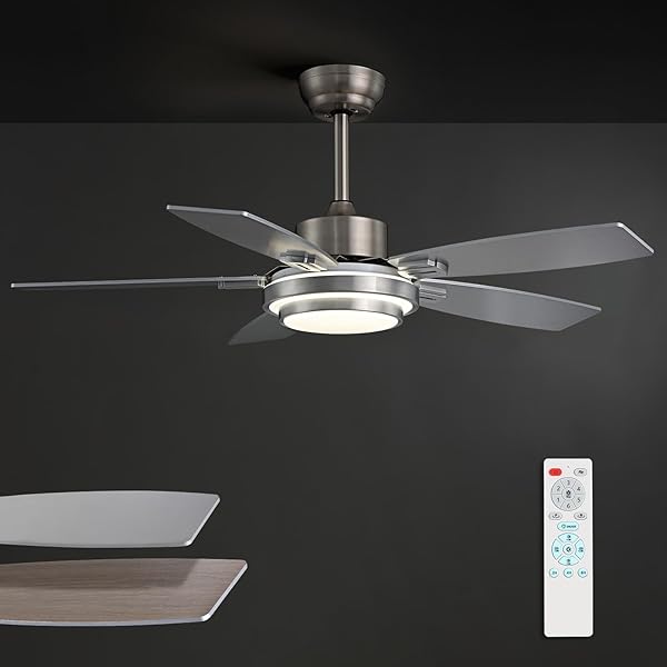 FANBLISS 42 INCH NICKEL CEILING FANS WITH LIGHTS AND REMOTE CONTROL FOR BEDROOM, MODERN CEILING FAN WITH QUIET REVERSIBLE DC MOTOR, 3CCT, DIMMABLE, LED FOR LIVING ROOM, PATIO, INDOOR AND OUTDOOR