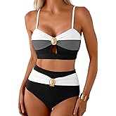 Herseas Women's 2 Piece Colorblock Bikini Sets Oval Metal Cutout Swimsuit High Waisted 2026 Beach Summer Swim Bathing Suits