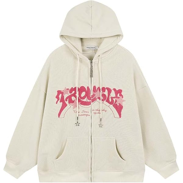 Sumleno Y2K Zip Up Hoodie Letter Print Star Graphic Grunge