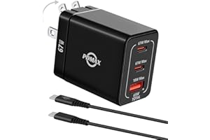 PDMAX 65W USB C Charger Block, GaN Fast Wall Charger with Dual USB-C and USB-A Ports, Foldable Plug, Power Adapter for MacBoo