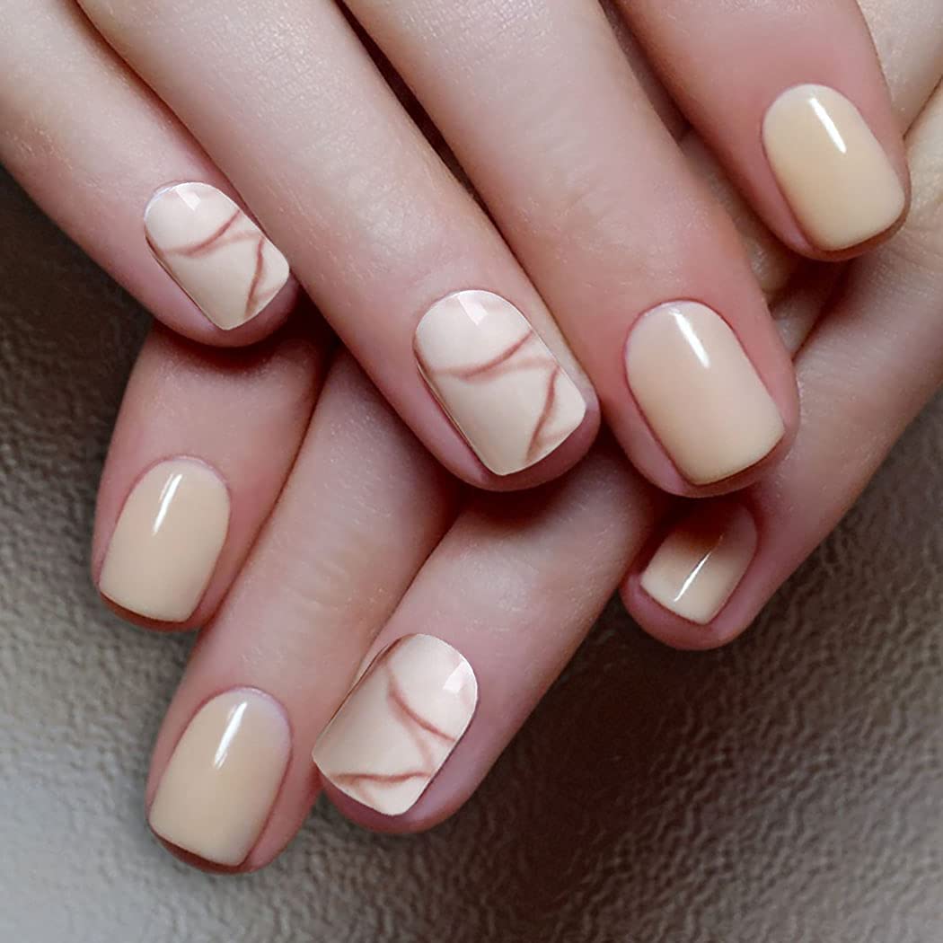 Fairvir Fashion False Nails Khaki Marble Oval Fake Nail Birthday Party Daily Clip Press on Nails for Women and Girls(24Pcs)