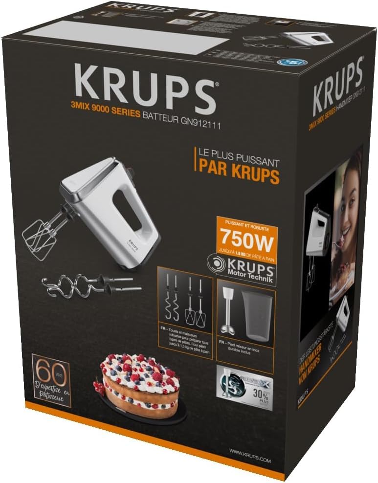 Krups 3 Mix 9000 Handmixer, 750 Watt, Geschwindigkeitsregler, Turbomodus, ergonomischer Griff, Handrührgerät inkl. Schneebesen, Knethaken, Pürierstab-Aufsatz, Messbecher, weiß/silber, GN9121 8