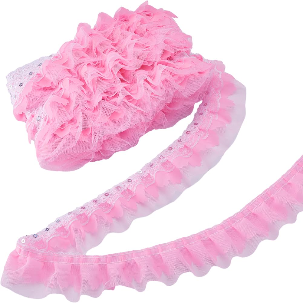 GORGECRAFT 10m x 50mm Multi-Layer Pink Ruffled Tulle Trim 3-Layer Pleated Chiffon Lace Trim with Sequins Embroidered Gathered Edging Trimmings Fabric Ribbon for DIY Sewing Crafts Costume Decor