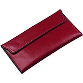 NIGEDU Women Long Wallet Genuine Cowhide Leather Cards Holder Clutch Purse Phone Bag (Wine Red)