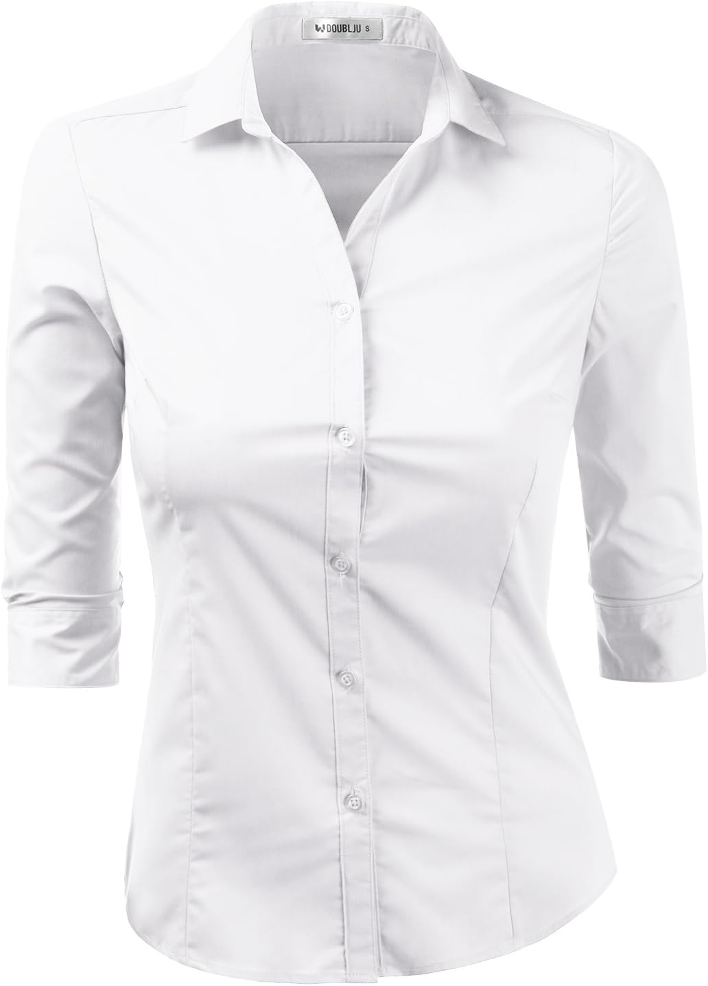 Womens Basic Slim Fit Stretchy 3/4 Sleeve Button Down Collared Shirt with Plus Size