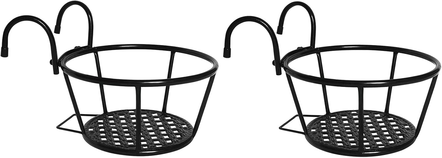 JzNova Hanging Rail Planter Baskets, 2 Pack Iron Plant Pot Holder Stand Hook Hanger (Plant Pot NOT Included) Use for Railing Metal Fence, Patio Balcony or Porch Fence, Black