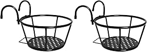 JzNova Hanging Rail Planter Baskets, 2 Pack Iron Plant Pot Holder Stand Hook Hanger (Plant Pot NOT Included) Use for Railing Metal Fence, Patio Balcony or Porch Fence, Black