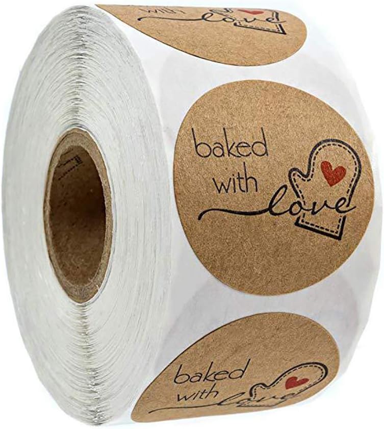 500Pcs Baked with Love Stickers, Round Stickers Tape, Baking Labels Sticker Roll, Kraft Self-Adhesive Decor, Round Self Adhesive Kraft Paper Labels, Gift Tag