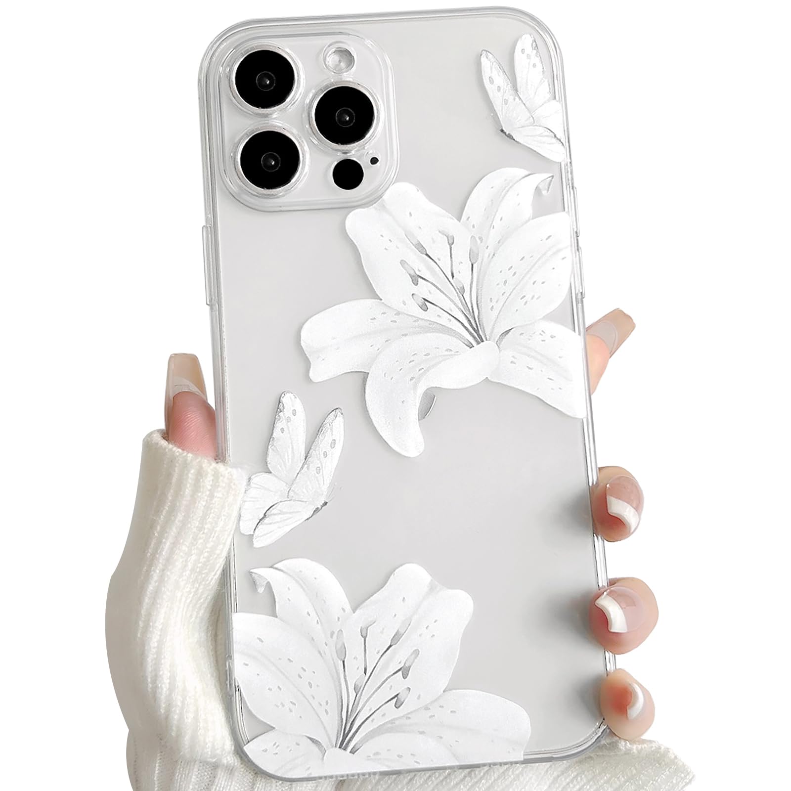 Photo 1 of NITITOP Compatible with iPhone 15 Pro Max Case Clear Cute Butterfly Lily Flower Floral Pattern for Women Girls Full Camera Lens Clear Slim Shockproof Protective Phone Cover - White