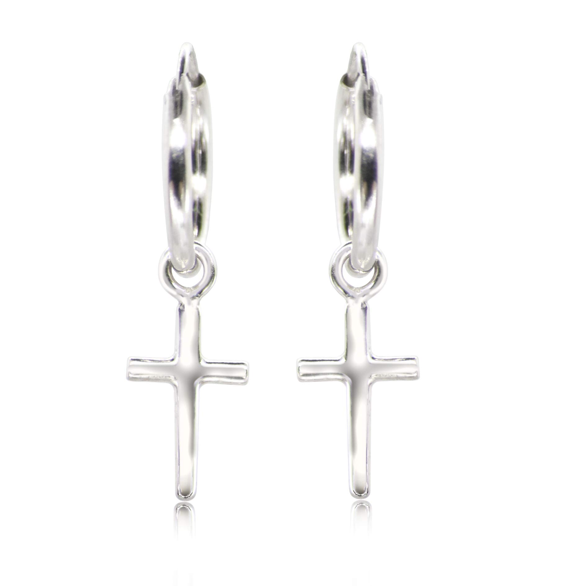 Hoop Earrings with Plain Cross Charm 925 Sterling Silver, Nickel-Free, Hypoallergenic, 15mm Diameter