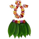 Ti Leaf Skirt Hawaiian Hula Grass Skirt with Flower Leis for Women,Girls,Men,Luau Party Dress Outfits