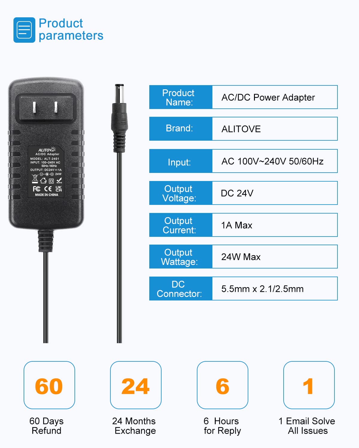 ALITOVE 24 Volt Power Supply DC 1A 24W AC Adapter 24V Transformer Power Cord 1000mA 800mA 650mA 500mA with 5.5mm x 2.5mm 2.1mm Tip for LED Lights CCTV Camera DC Motor Water Pump (5 Pack)