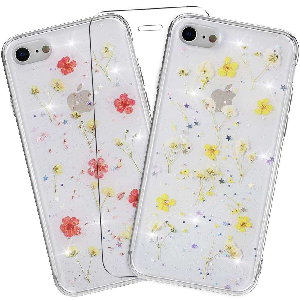 MadBee [2 Packs Compatible iPhone 7/ iPhone 8 Case 4.7 Inch [with Tempered Glass Screen Protector], Bling Shiny Dried Flowers Clear Sparkle Glitter Soft TPU Silicone Gel Case Cover - Yellow + Red — image 1