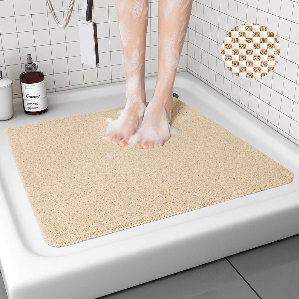 Lurowo Loofah Shower Mat, Non Slip Square Shower Mats for inside Shower Anti Mould, Washable PVC Bathroom Floor Mats Rugs (53x53cm, Beige)