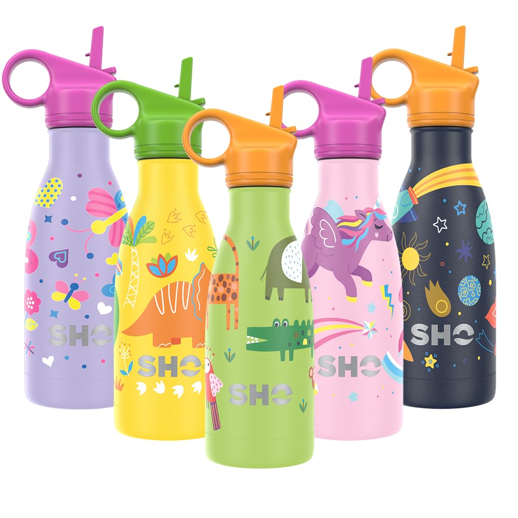 SHO Kids Bottle - Original 2.0 - Ultimate Insulated, Double Walled Stainless Steel Vacuum Flask & Water Bottle - 12 Hours Hot & 24 Hours Cold - 260ml - BPA Free (260ml, Deep in Jungle with Straw Lid) โ image 1