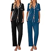 Ekouaer 2 Pack：Womens Pajamas Short Sleeve Pjs Notch Collar Button Up Loungewear Cozy Sleepwear Sets