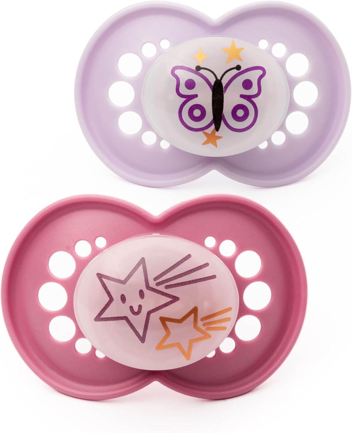 MAM Night 18-36 Months | Soother 2PK - Pink Baby Soothers with Self Sterilising Travel Case, Newborn Essentials, Glow in The Dark (Designs May Vary)