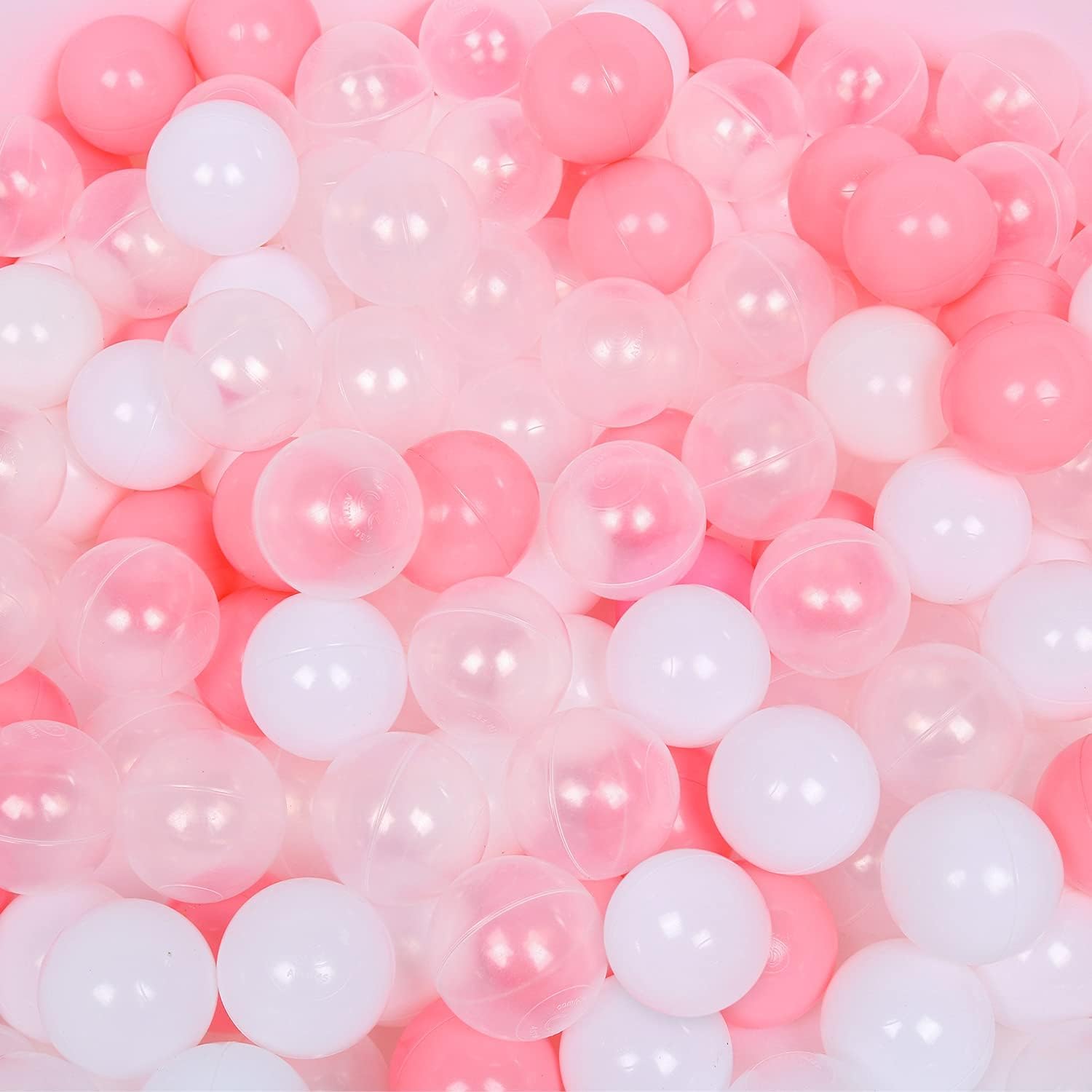 Photo 1 of Ball Pit Balls 100 - Macaron Colors Balls for Ball Pit, Play Tent Baby Playhouse Pool Birthday Party Decoration (C-Pink, White&Clear)