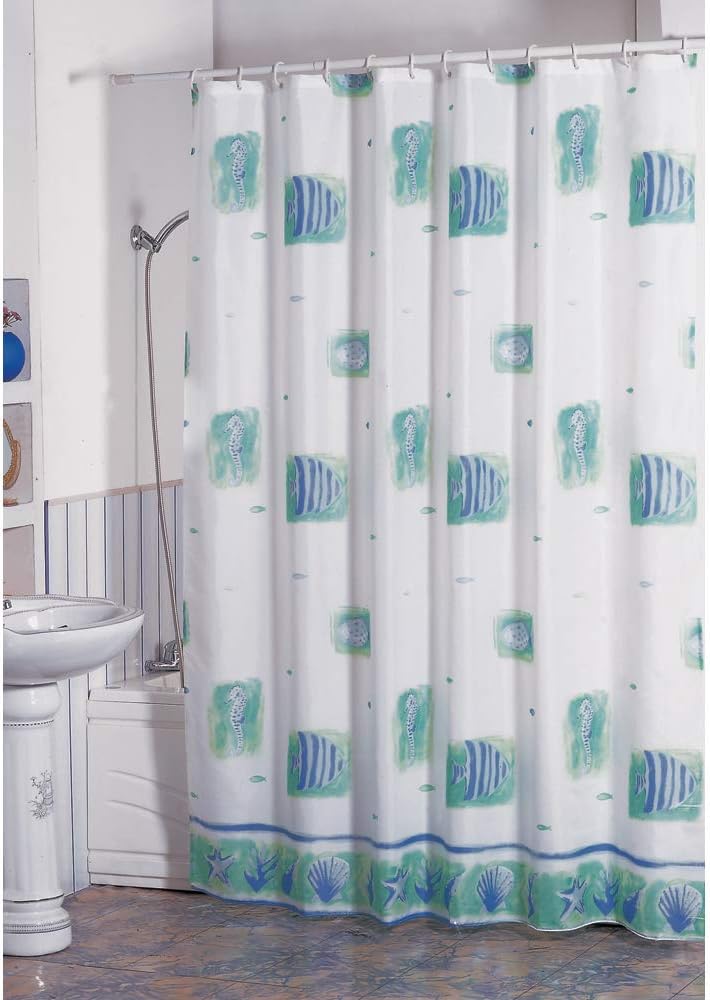 MSV Polyester Shower Curtain 180 X 200 cm-Fishes, White/Blue