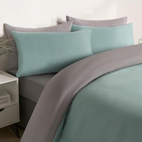 Brentfords Superking Size Duvet Set Reversible Design, Soft Cosy Comfy Microfibre Bedding Luxury Superking Duvet Cover wuth 2 Pillowcases, Duck Egg/Grey