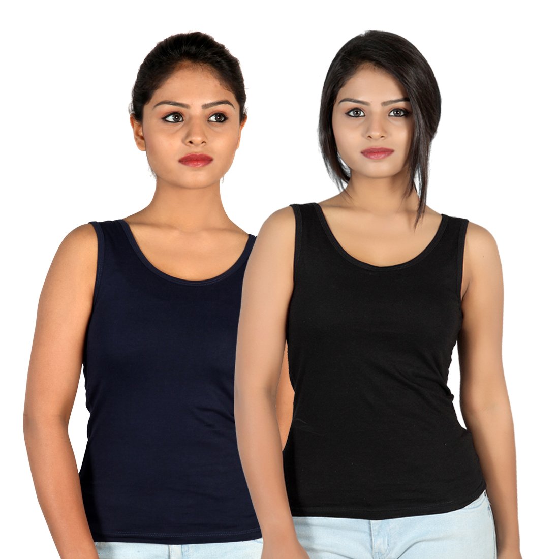letizia women's round neck tank top pack of 2 (blue & black)