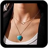 Erimberate Bohemian Heart Turquoise Pendant Necklace Gold Layered Circle Choker Necklace Love Heart Turquoise Necklace Hollow Geometric Chain Necklace Jewelry for Women Gifts
