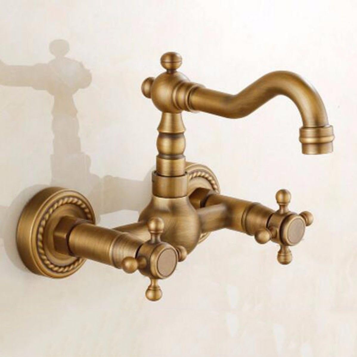 Wall Mounted Solid Brass Kitchen Mixer Tap Inspired Bathroom Sink Tap, Antique Brass Finish, Retro Antique - Image 3
