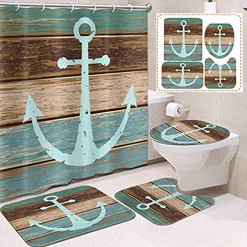 ArtSocket 4PC Nautical Anchor Shower Curtain Sets with Rugs, Bathroom