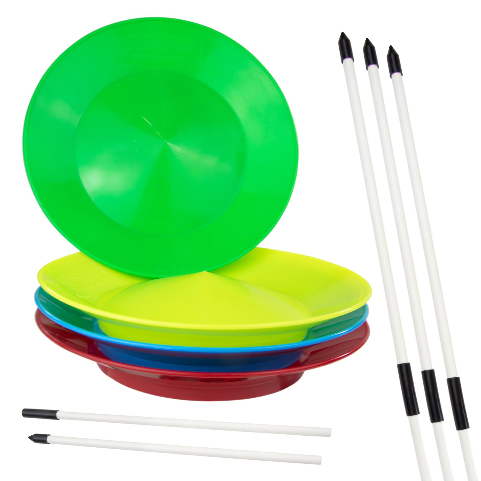 Juggle Dream Set of 4 Spinning Plates + 4 Divisible Sticks! Classic Spinning Plates - Great fun for Kids & Adults - Circus & Juggling Toys (Red, Blue, Green, Yellow)