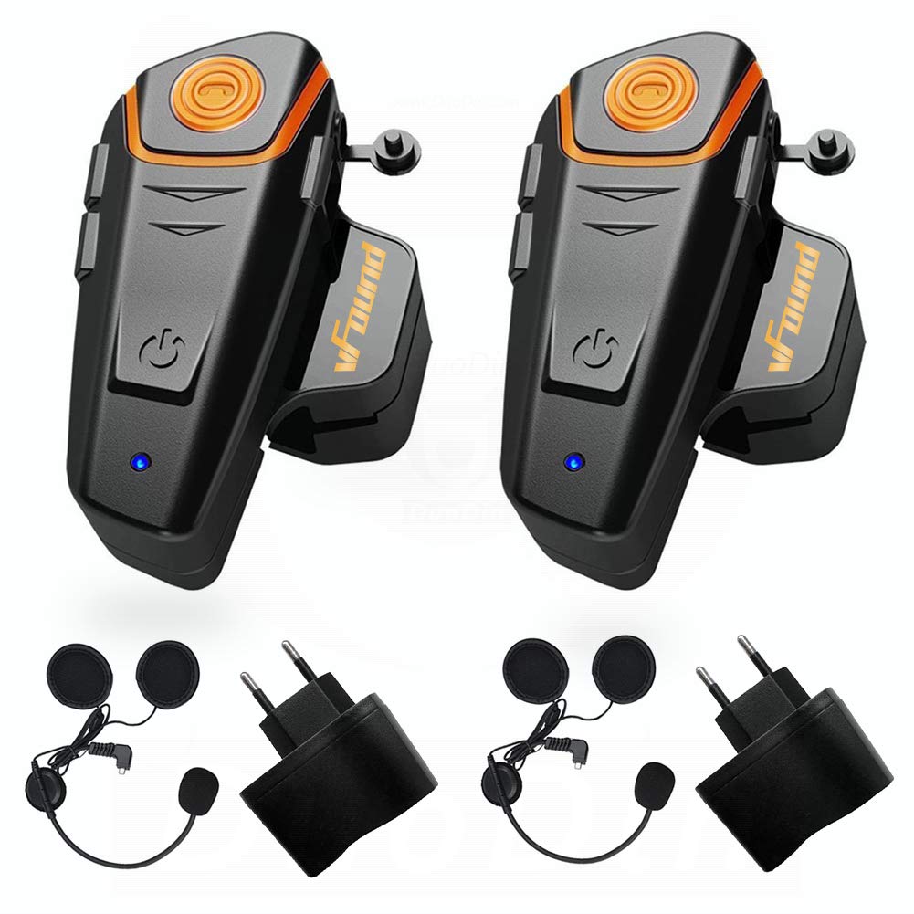 vFound BT-S2 1000m Bluetooth Headset Waterproof Motorcycle Motorbike Helmet Intercom Interphone for 2 or 3 riders and Audio for Walkie Talkie GPS Hands Free MP3 player FM Radio (2 Pack)