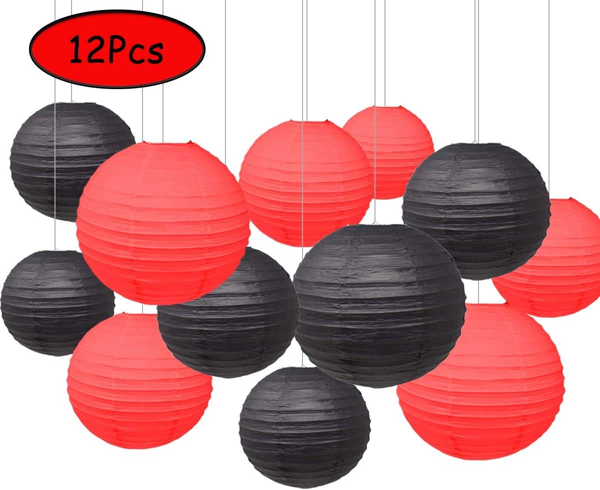 Aimto 12pcs Black and Red Hanging Paper Lanterns for Party Decorations - 2 Colors of 8 Inch, 10 Inch and 12 Inch