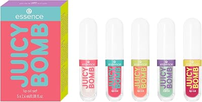 essence JUICY BOMB lip oil set 01 – Set di oli labbra nutrienti con profumo fruttato – Finish ultra brillante con vitamina E e olio di jojoba – Cosmetica vegana – 5 x 2,4 ml