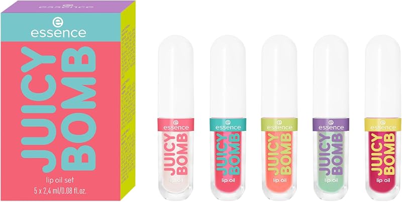essence JUICY BOMB lip oil set 01 – Set di oli labbra nutrienti con profumo fruttato – Finish ultra brillante con vitamina E e olio di jojoba – Cosmetica vegana – 5 x 2,4 ml