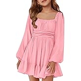Batermoon Girls Long Sleeve Tie Back Dress Kids Fall Square Neck A-Line Mini Dresses 5-14 Years