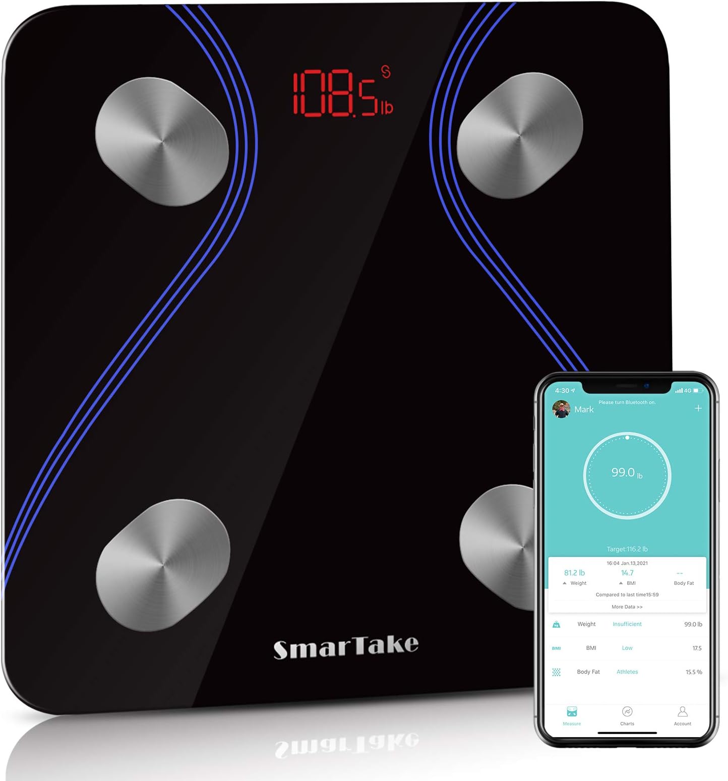 SMARTAKE Body Fat Scale, Digital Smart Weight Scale with Bluetooth, Precision Bathroom Scale with Analysis App, Body Composition, 396 lbs/ 180kg, Black
