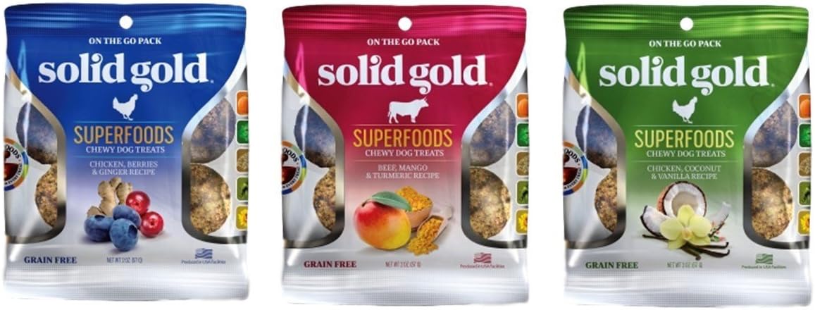 Grain Free Chewy Soft Superfood Dog Treats 3 Flavor Sampler Holistic Pet Food Variety Bundle, (1) Bag each: Chicken Berries Ginger, Beef Mango Turmeric, Chicken Coconut Vanilla (2 Ounces)