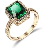 DCFSHEE Women's Classic Yellow Gold Plated Green Simulated Emerald Cocktail Solitaire Rings, Engagement Ring with Emerald Cut Gemstones CZ Birthstone Jewelery