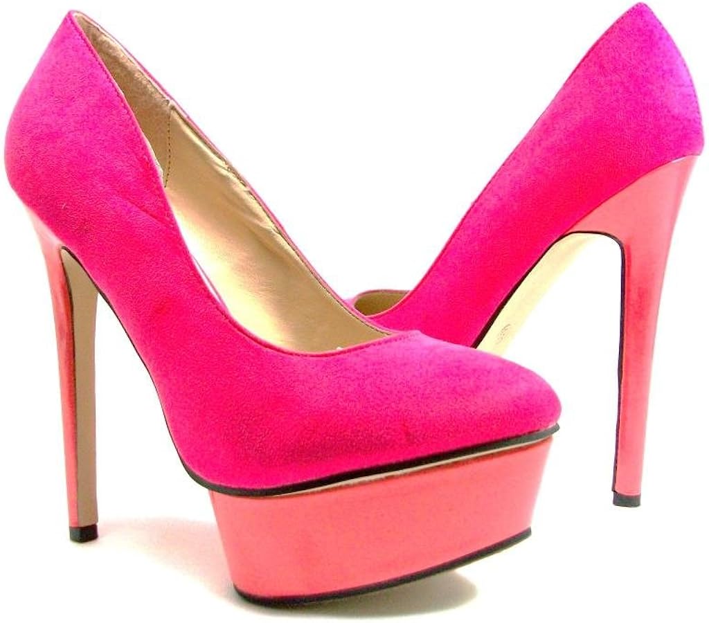 Amazon.com | Breckelle's New Hot Pink Lemonade Suede Upper Color Block Nude Platform Pumps Slip 