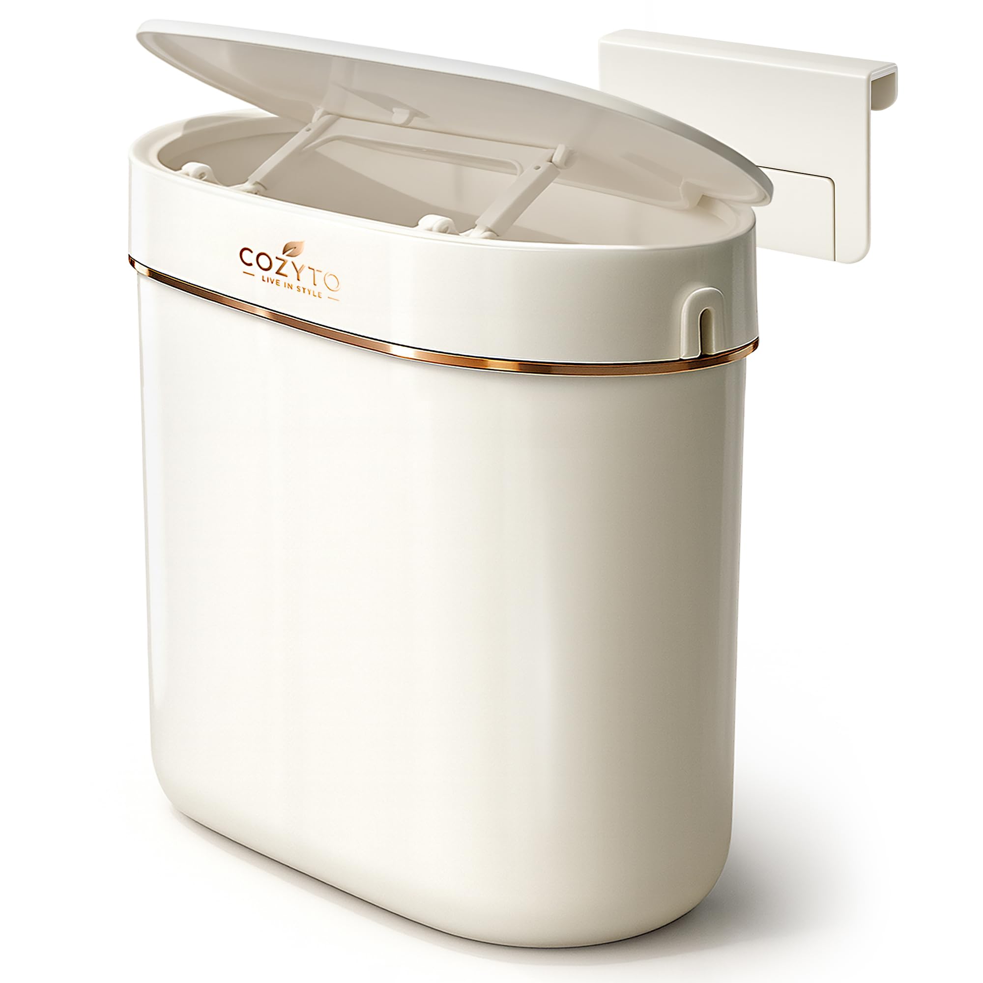 View 1 of COZYTO EcoToss Exo Wall-Mounted Trash Can – White Pearl, Dual-Lid Slim Bin with No-Drill Mounting, Odor-Control Lid for Kitchen, Bathroom, RV, Small Spaces, 9.4L