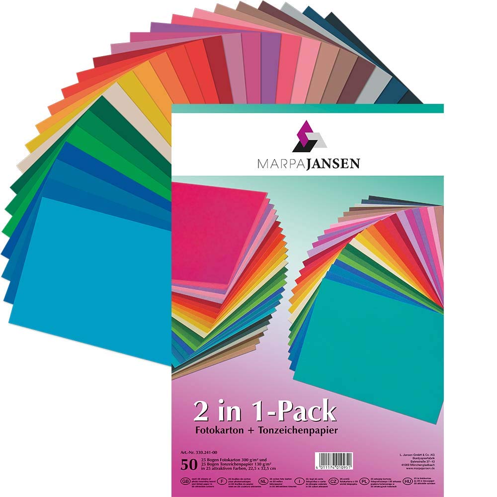 MarpaJansen 330.241-00 Craft Kit 2 in 1 Pack Photo Card and Drawing Paper Assorted 25 Colours (22.5 x 32.5 cm, 50 Sheets, 300 130 g/m2) Multicoloured One Size