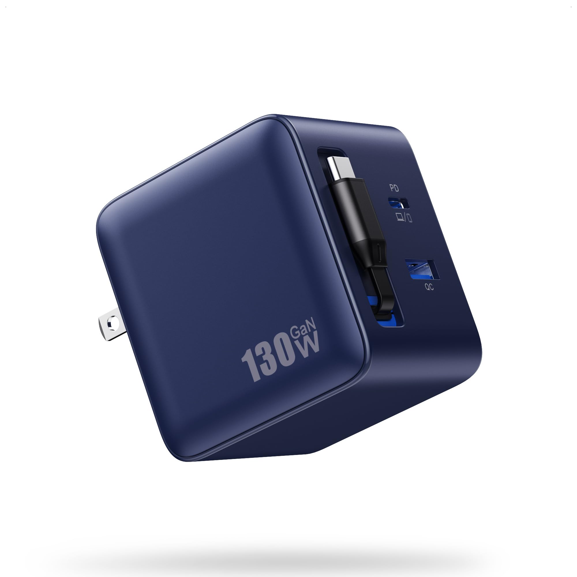 Photo 1 of 130W USB C Charger Block with Built-in Retractable Cable,Foldable Plug Wall Charger and 2 USB Ports,65W PD USB C GaN Fast Charging Station Traval Power Adapter for MacBook,iPad,iPhone 16,Galaxy-Navy