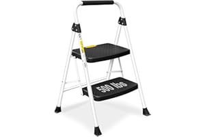 SocTone 2 Step Ladder, Folding Step Stool for Adults with Handle, Lightweight, Perfect for Kitchen& Household, 500lbs Capacity Sturdy Steel Ladder, White