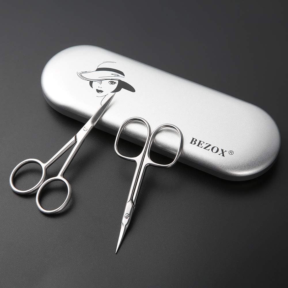 BEZOX Small Scissors 2 PCS Set - Nail Cuticle Scissors/Manicure Scissors Kit - Straight and Curved Blade Scissor for Beard/Mustache, Nose Hair, Ear Hair, Eyebrow and Eyelashes Cutting: Home Improvement