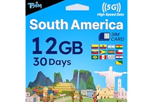 TSIM Carte SIM Amérique du Sud 30 jours | Internet 12 Go en 5G/4G/LTE (partage de données autorisé) | Utilisation au Brésil, 